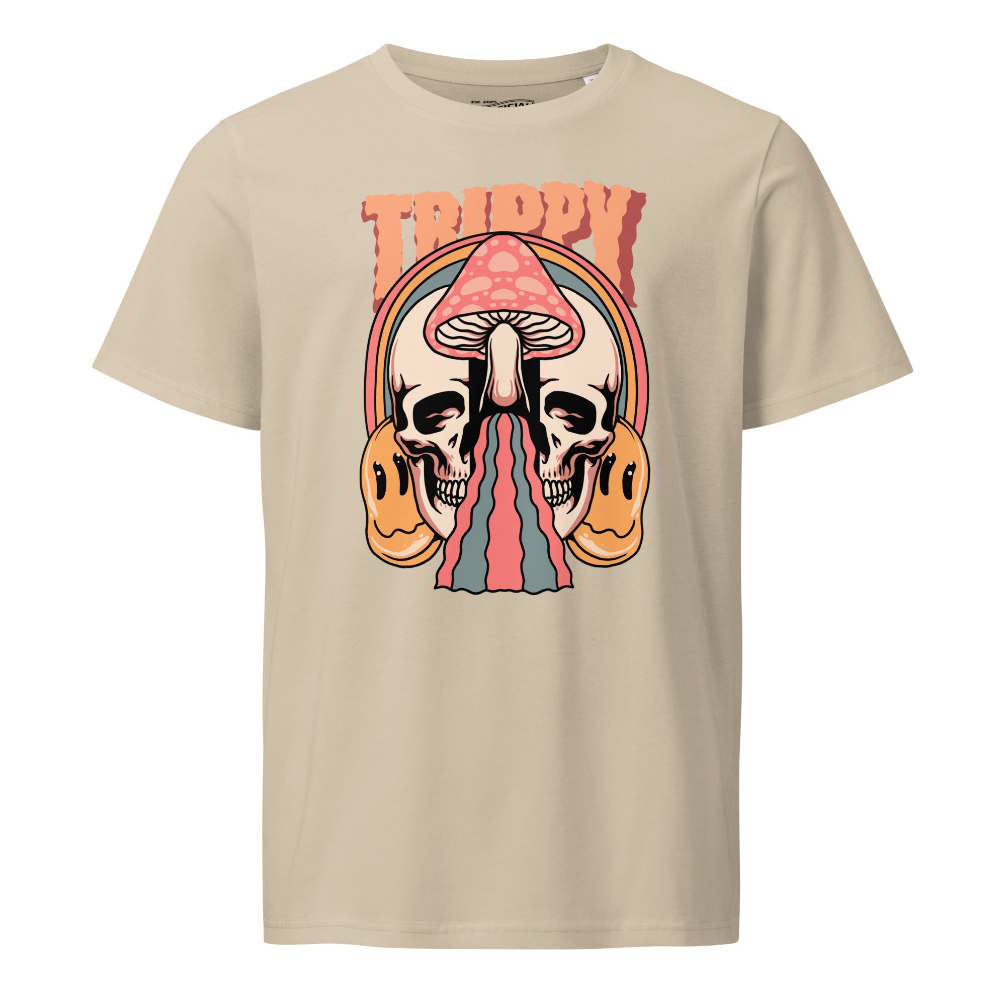 Mid-light organic cotton t-shirt showing a split skull divided by a pink mushroom, with flowing psychedelic shapes and small smiley faces.