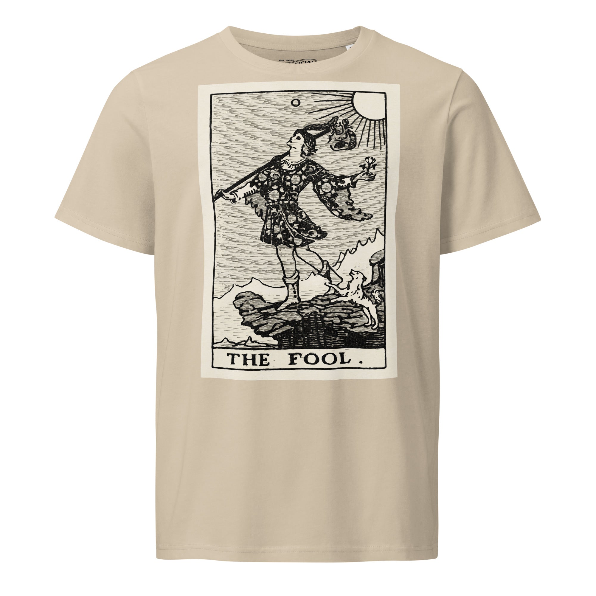 Mid-light organic cotton t-shirt featuring The Fool tarot card with cliff, dog, and sun in high-contrast woodcut rendering.