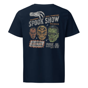 A distressed vintage poster image with Dracula, Wolfman, and Frankenstein; One Night Only type on a premium organic French Navy mid-light t-shirt.