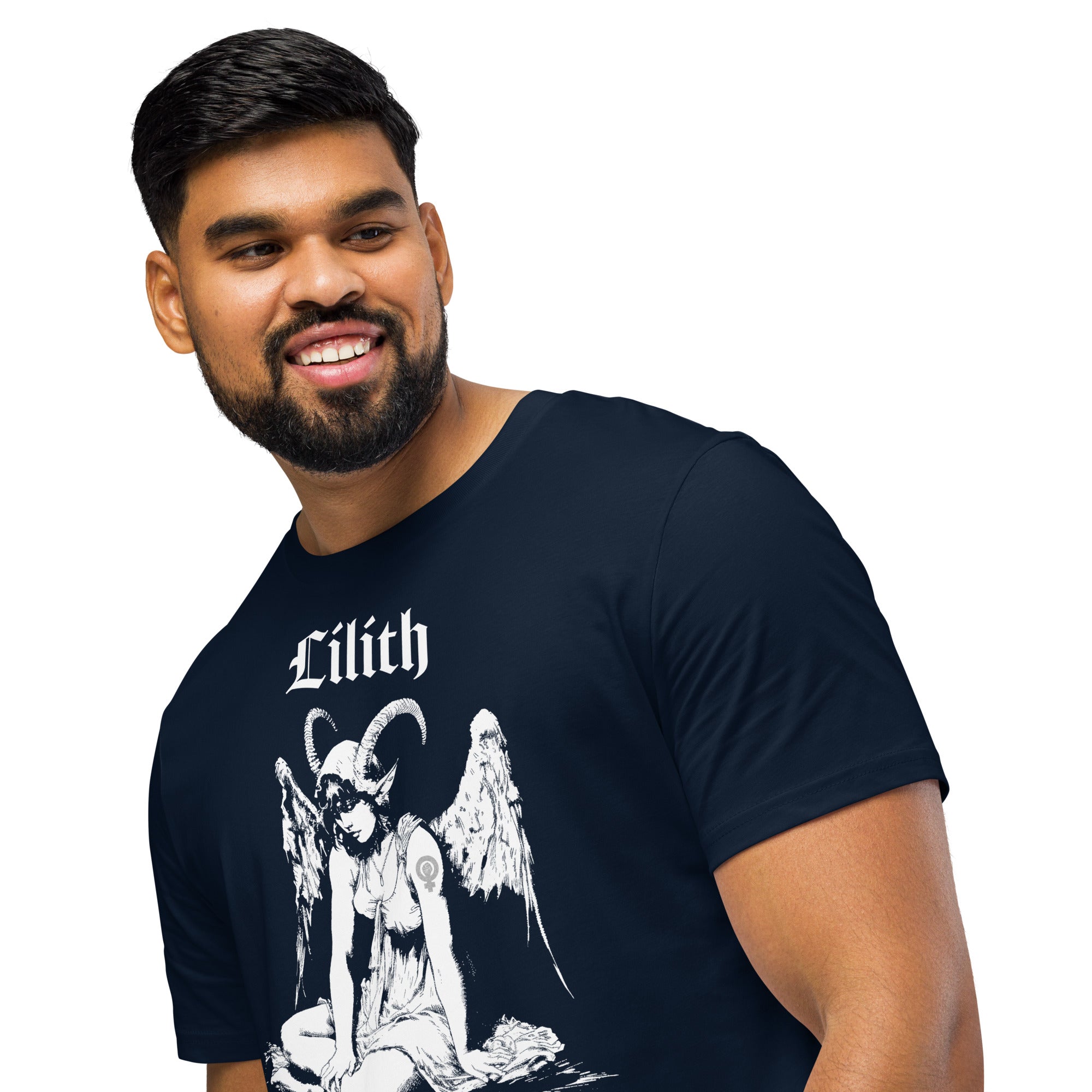Organic mid-light cotton t-shirt featuring a black-and-white Lilith illustration with horns and wings and gothic lettering.
