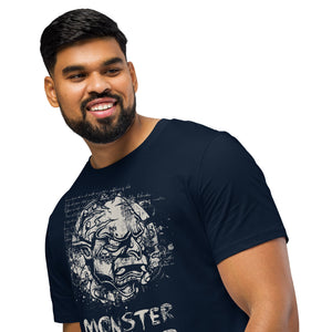 Black organic cotton t-shirt featuring a horned monster breaking from a ritual circle with mystical script and “Monster Inside” text.