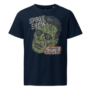 Distressed Frankenstein head with “Spook Show” on an organic mid-light Fench Navy tee.