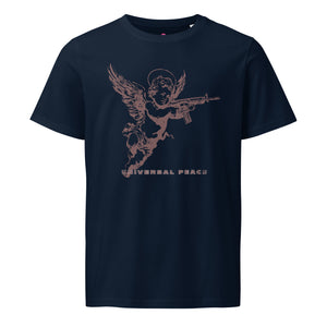 An angelic cherub with a rifle on a distressed premium organic eco mid-light French navy t-shirt.