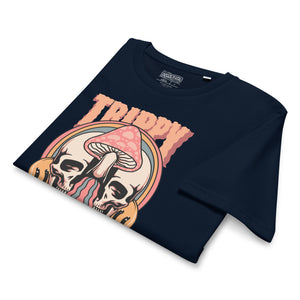 Mid-light organic cotton t-shirt showing a split skull divided by a pink mushroom, with flowing psychedelic shapes and small smiley faces.