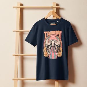 Mid-light organic cotton t-shirt showing a split skull divided by a pink mushroom, with flowing psychedelic shapes and small smiley faces.