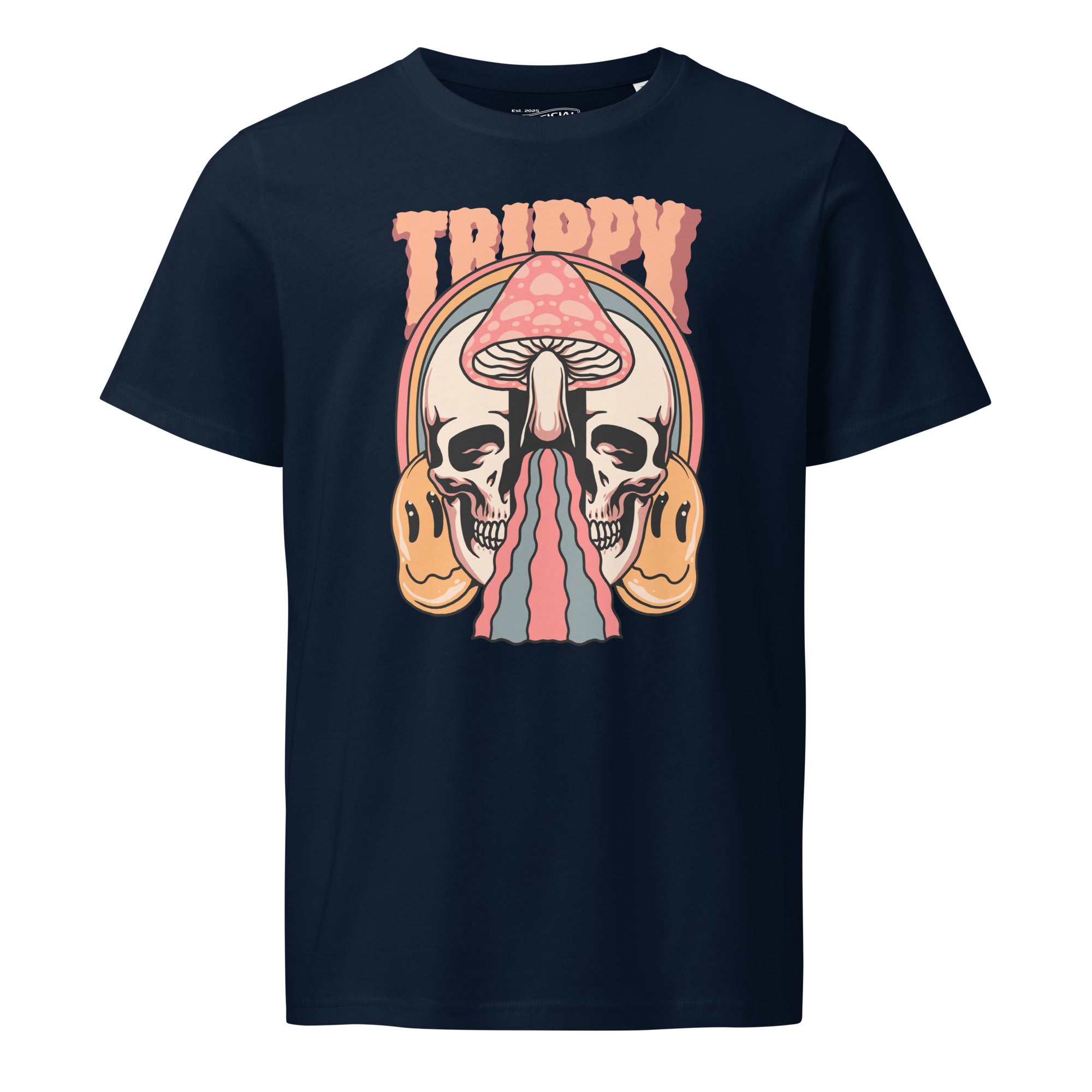 Mid-light organic cotton t-shirt showing a split skull divided by a pink mushroom, with flowing psychedelic shapes and small smiley faces.
