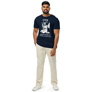 Organic mid-light cotton t-shirt featuring a black-and-white Lilith illustration with horns and wings and gothic lettering.