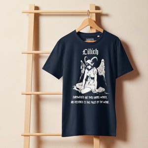 Organic mid-light cotton t-shirt featuring a black-and-white Lilith illustration with horns and wings and gothic lettering.