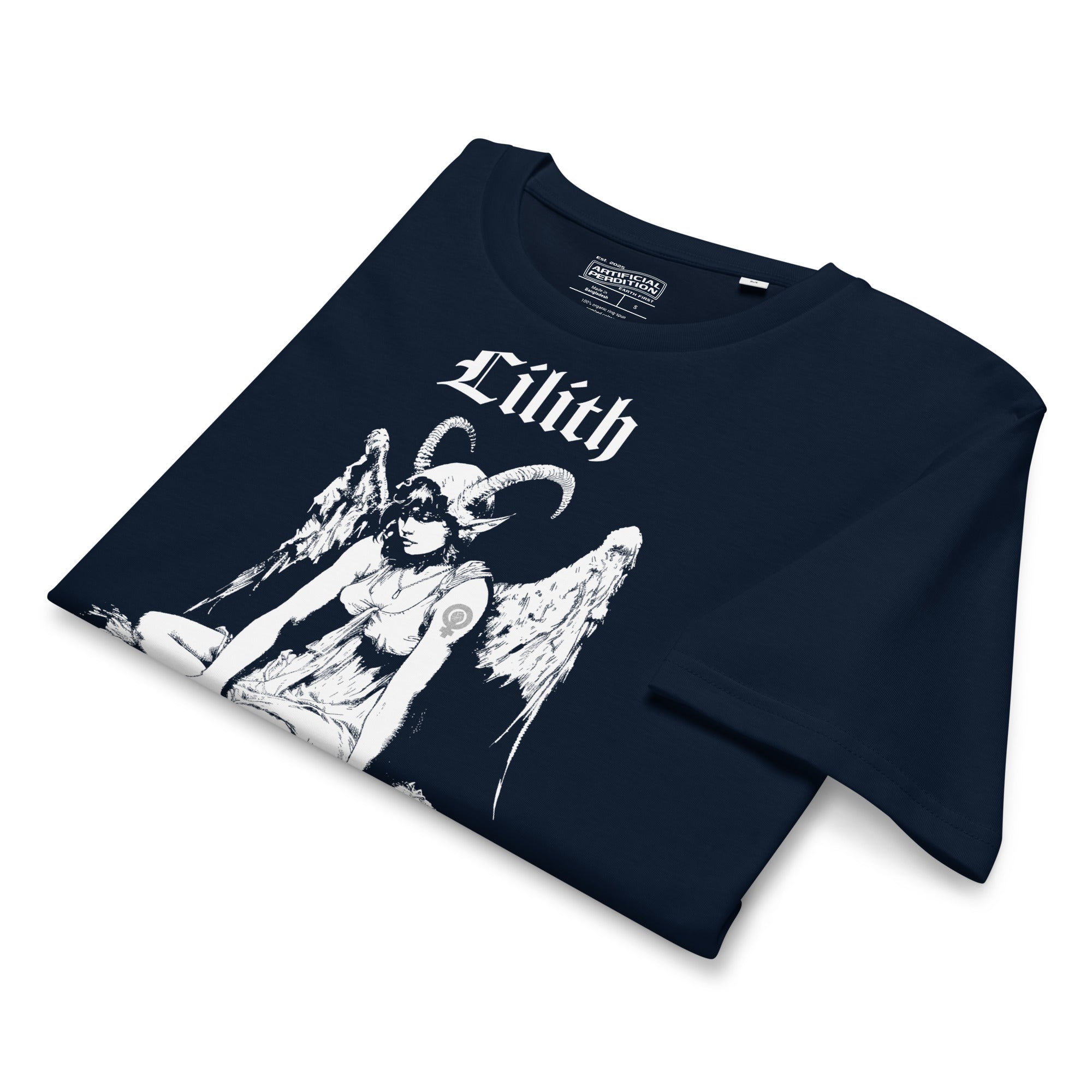 Organic mid-light cotton t-shirt featuring a black-and-white Lilith illustration with horns and wings and gothic lettering.