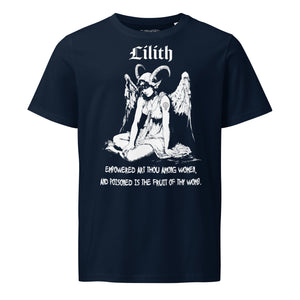 Organic mid-light cotton t-shirt featuring a black-and-white Lilith illustration with horns and wings and gothic lettering.
