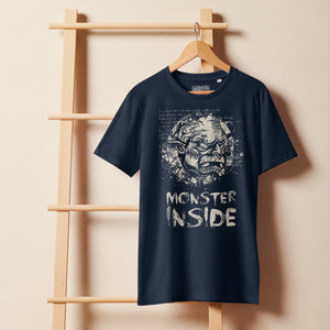 Black organic cotton t-shirt featuring a horned monster breaking from a ritual circle with mystical script and “Monster Inside” text.