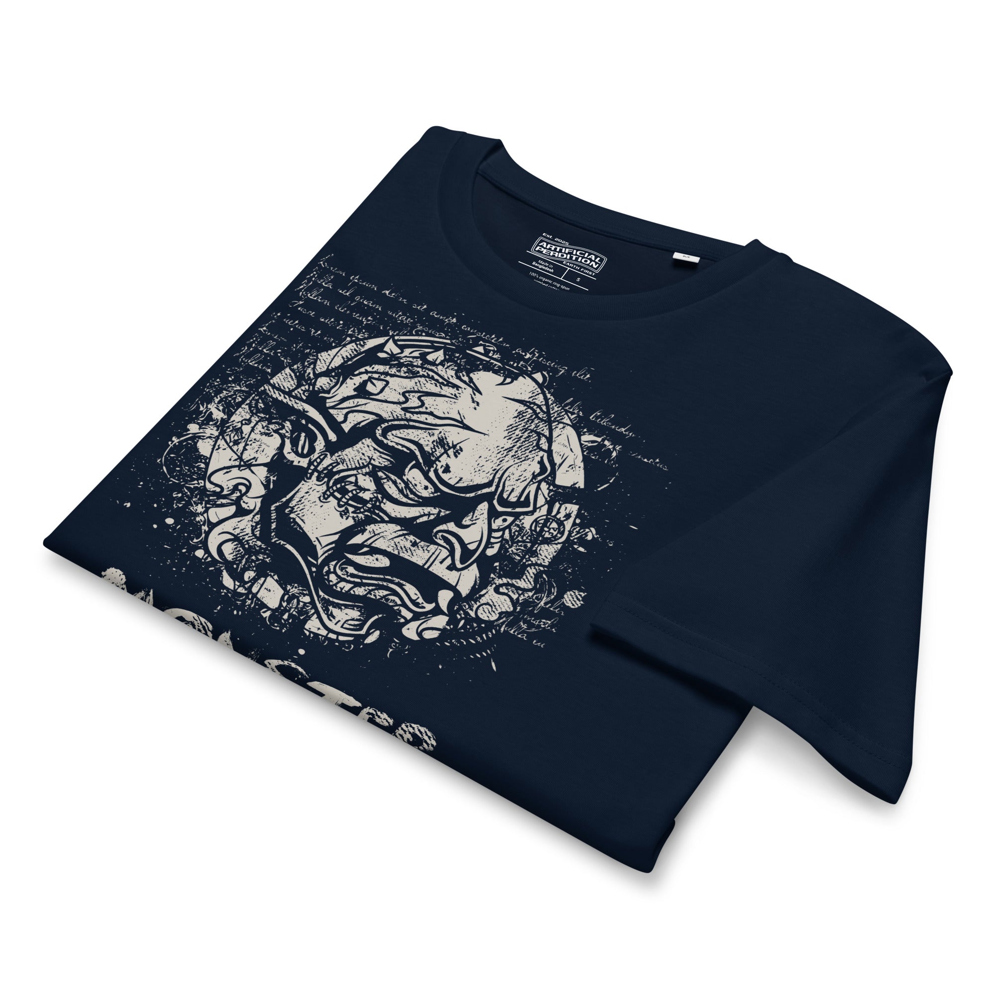 Black organic cotton t-shirt featuring a horned monster breaking from a ritual circle with mystical script and “Monster Inside” text.