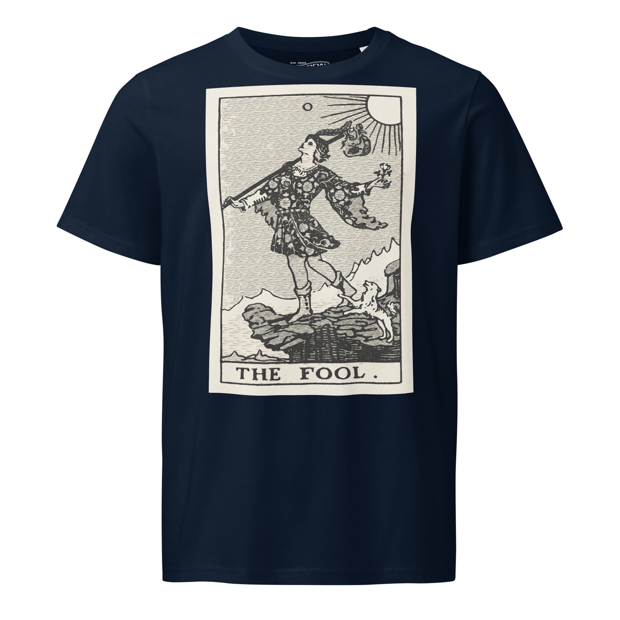 Mid-light organic cotton t-shirt featuring The Fool tarot card with cliff, dog, and sun in high-contrast woodcut rendering.