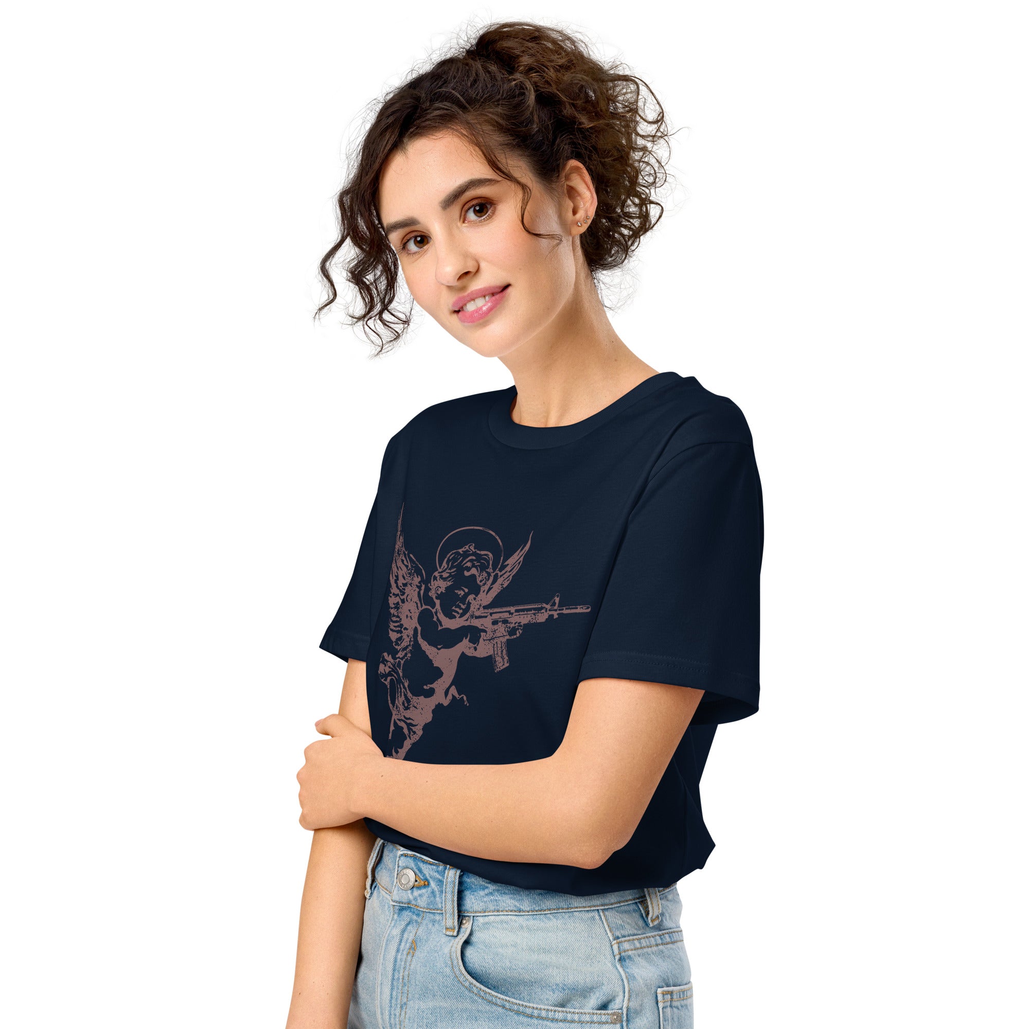 A woman wearing an angelic cherub with a rifle on a distressed premium organic eco mid-light French navy t-shirt.