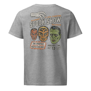 A distressed vintage poster image with Dracula, Wolfman, and Frankenstein; One Night Only type on a premium organic Heather Grey mid-light t-shirt.