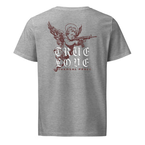 “True Love / Universal Peace” text block in distressed red on a premium organic mid-light heather grey t-shirt.