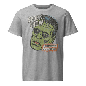 Distressed Frankenstein head with “Spook Show” on an organic mid-light heather grey tee.