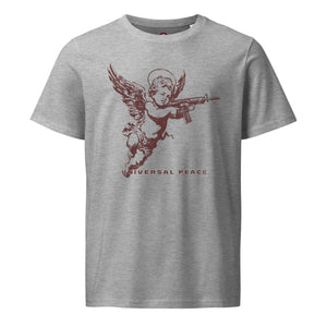 An angelic cherub with a rifle on a distressed premium organic eco mid-light heather grey t-shirt.