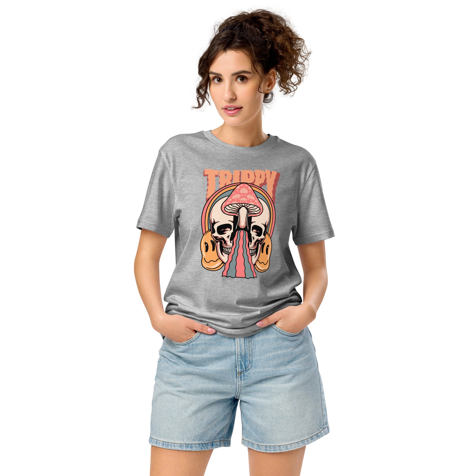 Mid-light organic cotton t-shirt showing a split skull divided by a pink mushroom, with flowing psychedelic shapes and small smiley faces.