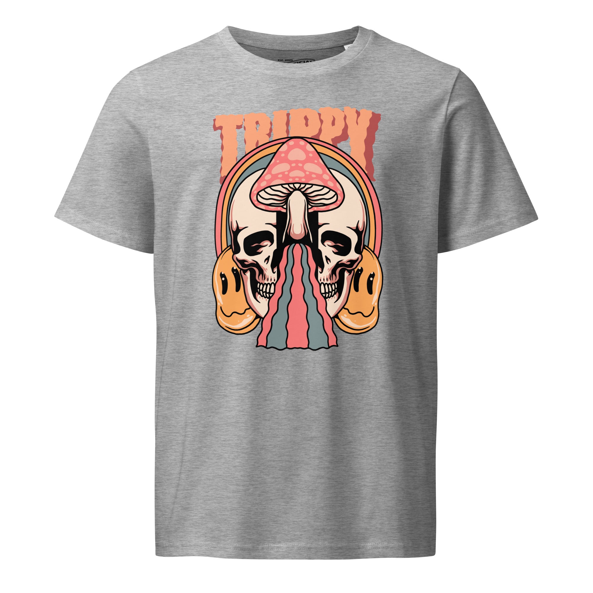 Mid-light organic cotton t-shirt showing a split skull divided by a pink mushroom, with flowing psychedelic shapes and small smiley faces.