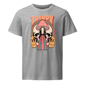 Mid-light organic cotton t-shirt showing a split skull divided by a pink mushroom, with flowing psychedelic shapes and small smiley faces.