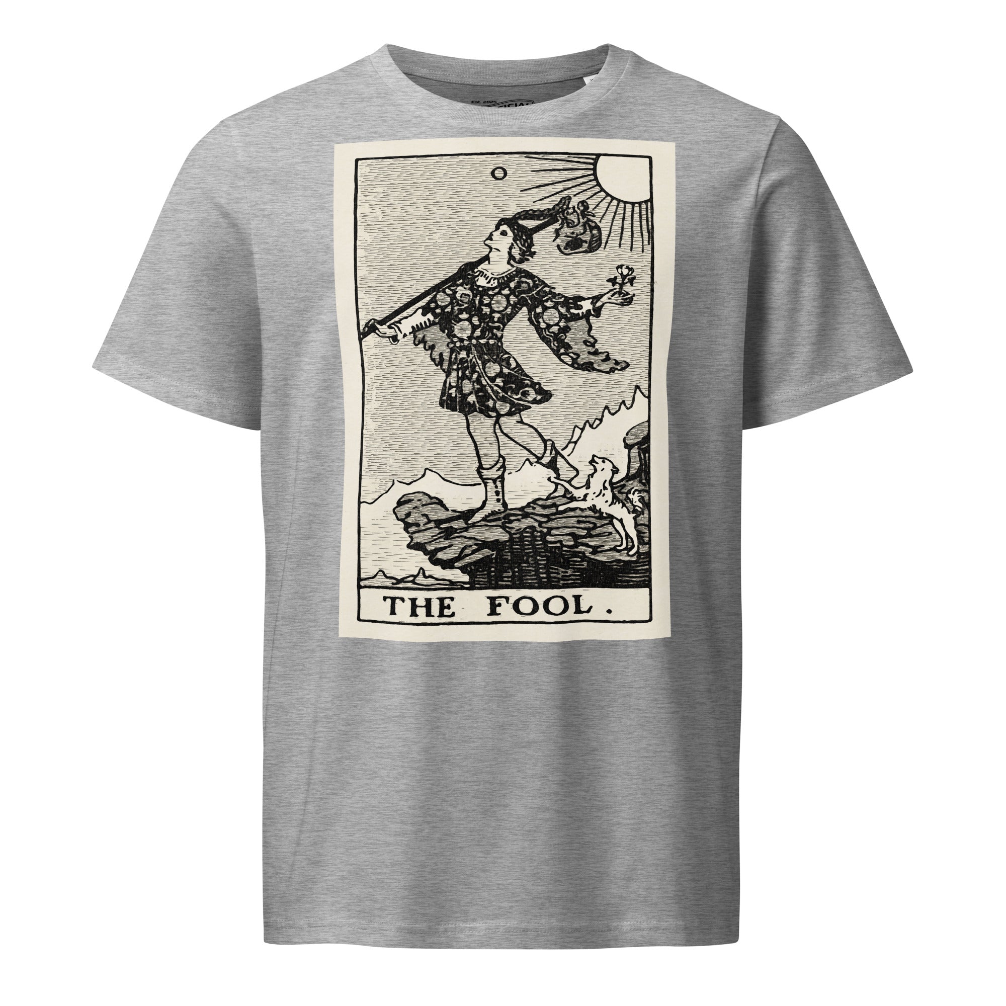 Mid-light organic cotton t-shirt featuring The Fool tarot card with cliff, dog, and sun in high-contrast woodcut rendering.