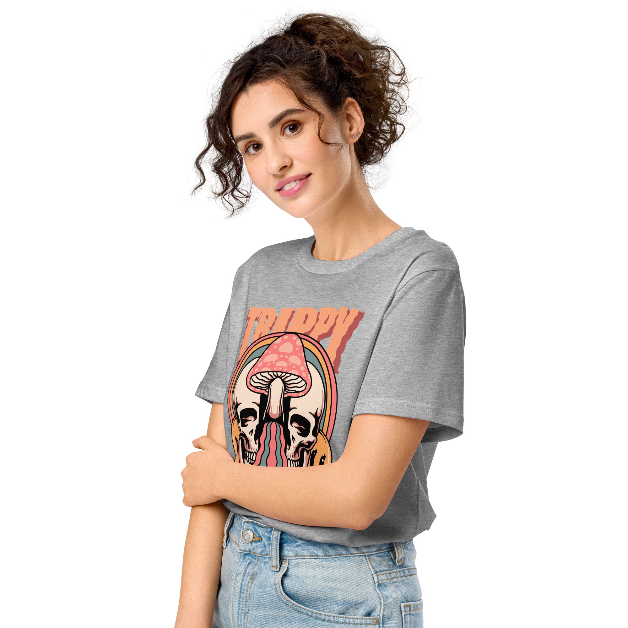 Mid-light organic cotton t-shirt showing a split skull divided by a pink mushroom, with flowing psychedelic shapes and small smiley faces.