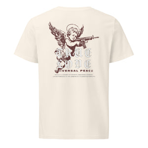 “True Love / Universal Peace” text block in distressed red on a premium organic mid-light vintage white t-shirt.