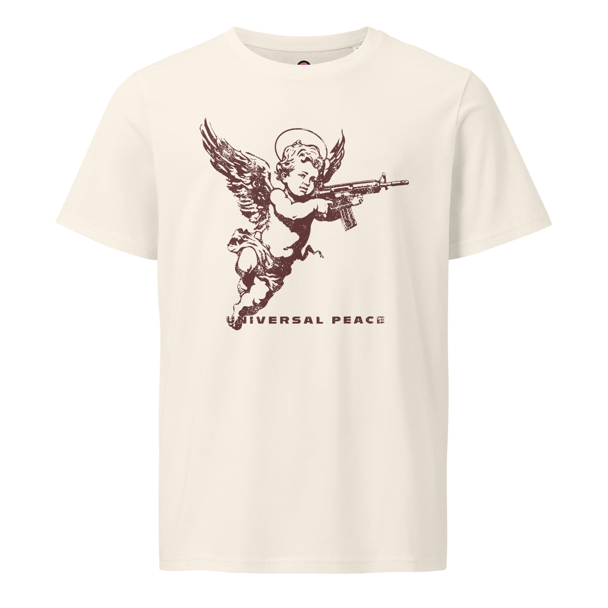 An angelic cherub with a rifle on a distressed premium organic eco mid-light vintage white t-shirt.