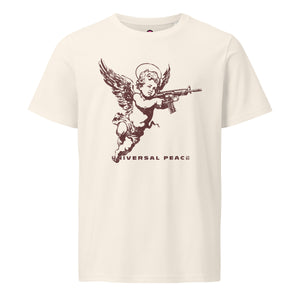 An angelic cherub with a rifle on a distressed premium organic eco mid-light vintage white t-shirt.