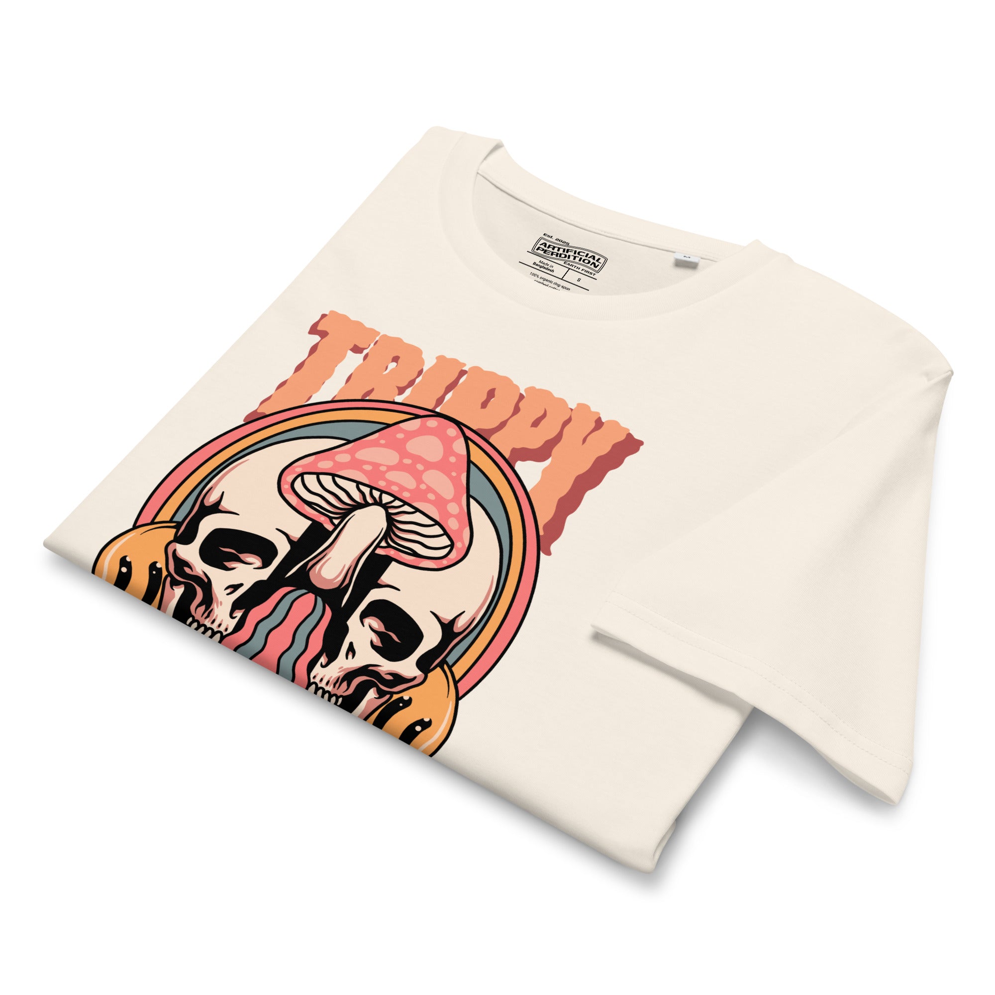 Mid-light organic cotton t-shirt showing a split skull divided by a pink mushroom, with flowing psychedelic shapes and small smiley faces.
