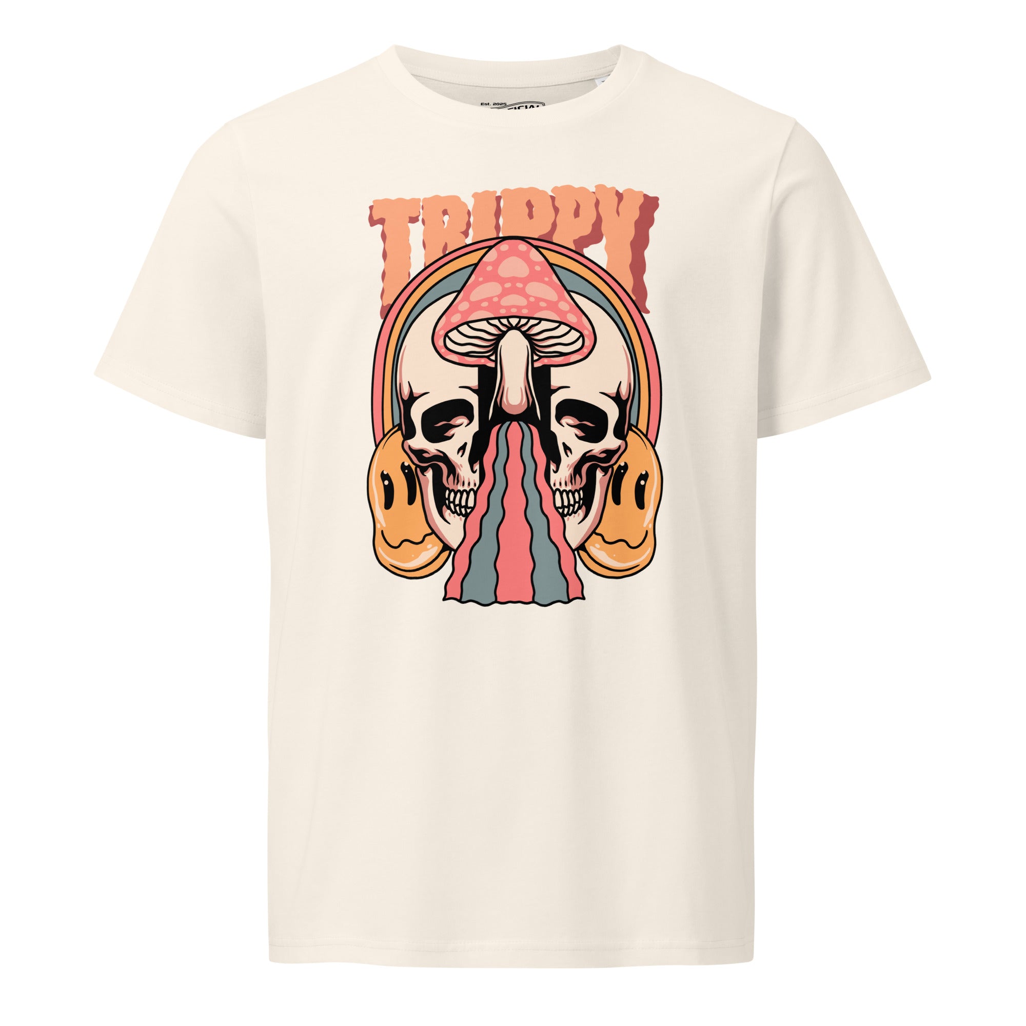 Mid-light organic cotton t-shirt showing a split skull divided by a pink mushroom, with flowing psychedelic shapes and small smiley faces.