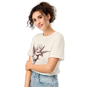 A woman wearing an angelic cherub with a rifle on a distressed premium organic eco mid-light vintage white t-shirt.