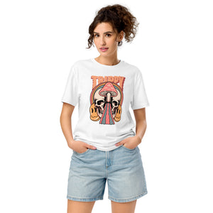 Mid-light organic cotton t-shirt showing a split skull divided by a pink mushroom, with flowing psychedelic shapes and small smiley faces.