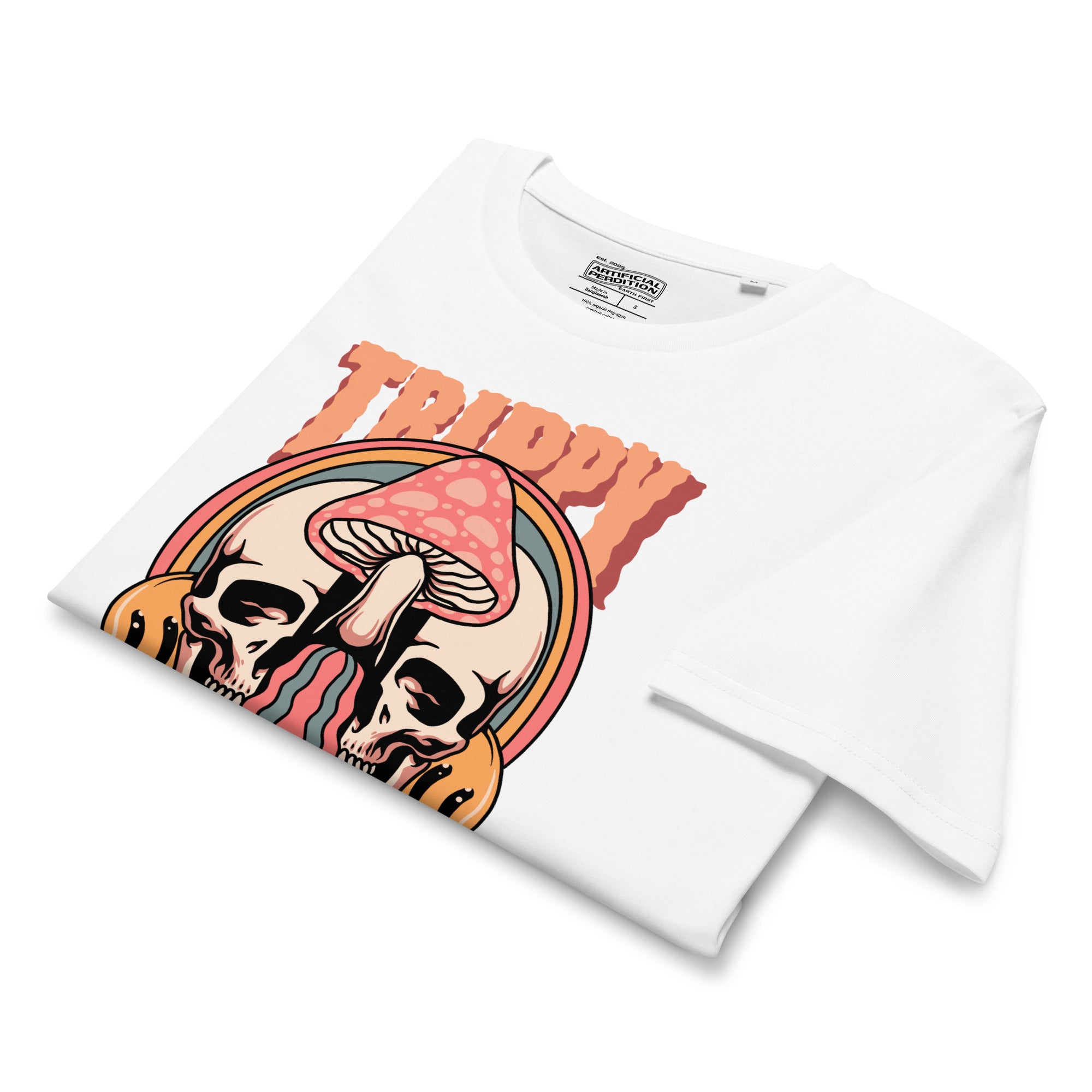 Mid-light organic cotton t-shirt showing a split skull divided by a pink mushroom, with flowing psychedelic shapes and small smiley faces.