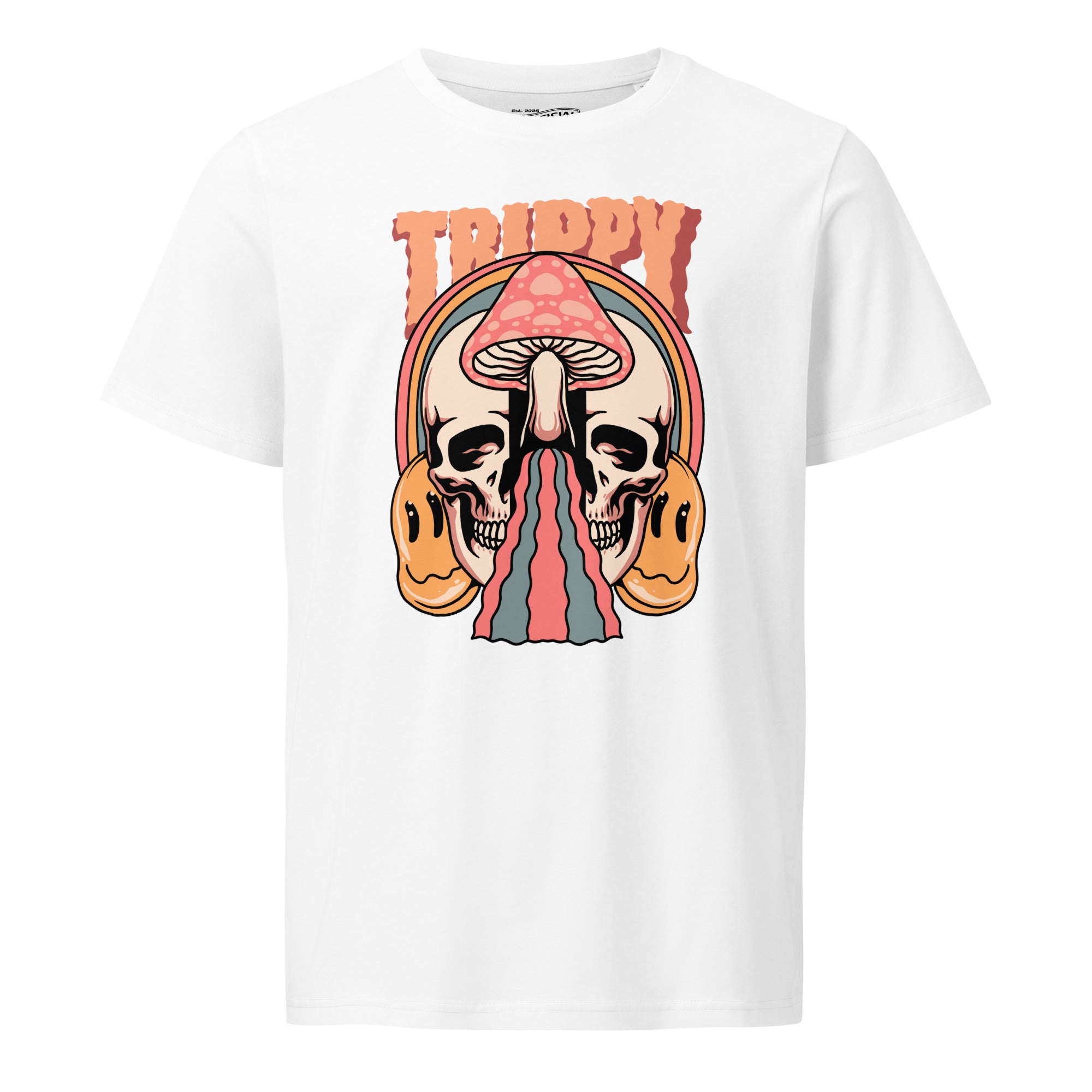 Mid-light organic cotton t-shirt showing a split skull divided by a pink mushroom, with flowing psychedelic shapes and small smiley faces.