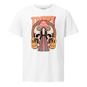 Mid-light organic cotton t-shirt showing a split skull divided by a pink mushroom, with flowing psychedelic shapes and small smiley faces.