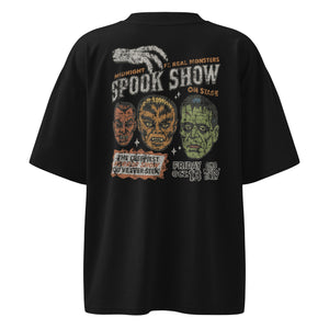 A distressed intage poster with Dracula, Wolfman, and Frankenstein; One Night Only type on a premium organic oversized black t-shirt.