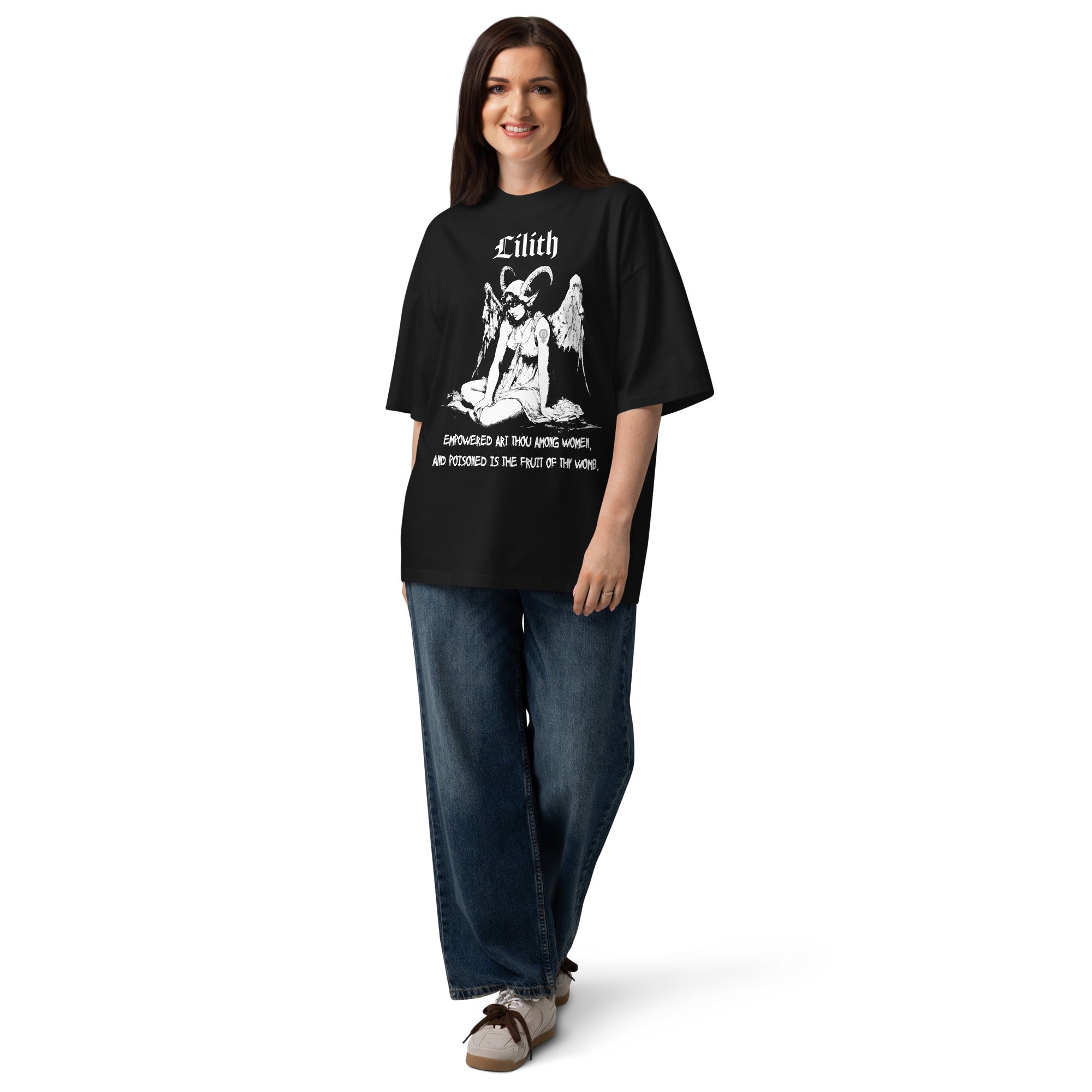 Oversized organic cotton t-shirt featuring a large black-and-white Lilith illustration with gothic text.