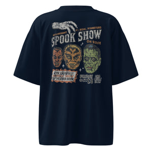 A distressed intage poster with Dracula, Wolfman, and Frankenstein; One Night Only type on a premium organic oversized French navy t-shirt.