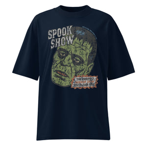 Distressed Frankenstein head with “Spook Show” on a premium organic oversized Fench navy t-shirt.
