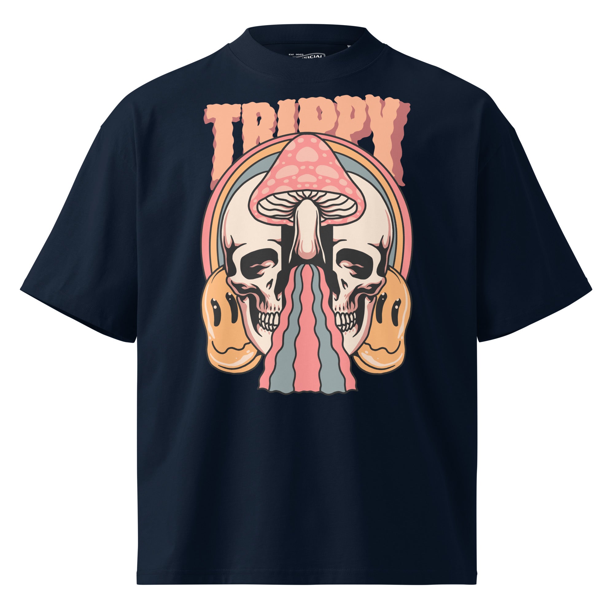 Oversized organic cotton t-shirt showing a split skull pierced by a pink mushroom, with melting psychedelic shapes and small smiley faces.