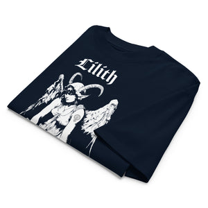Oversized organic cotton t-shirt featuring a large black-and-white Lilith illustration with gothic text.