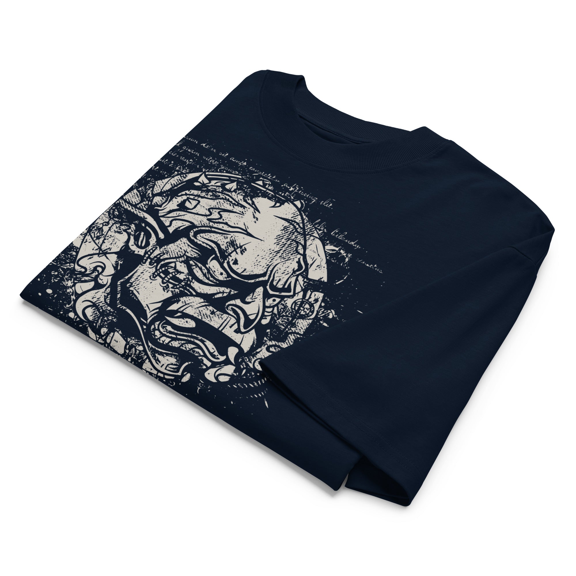Black oversized organic cotton t-shirt featuring horned monster within ritual circle and fractured script background.