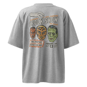A distressed intage poster with Dracula, Wolfman, and Frankenstein; One Night Only type on a premium organic oversized heather grey t-shirt.