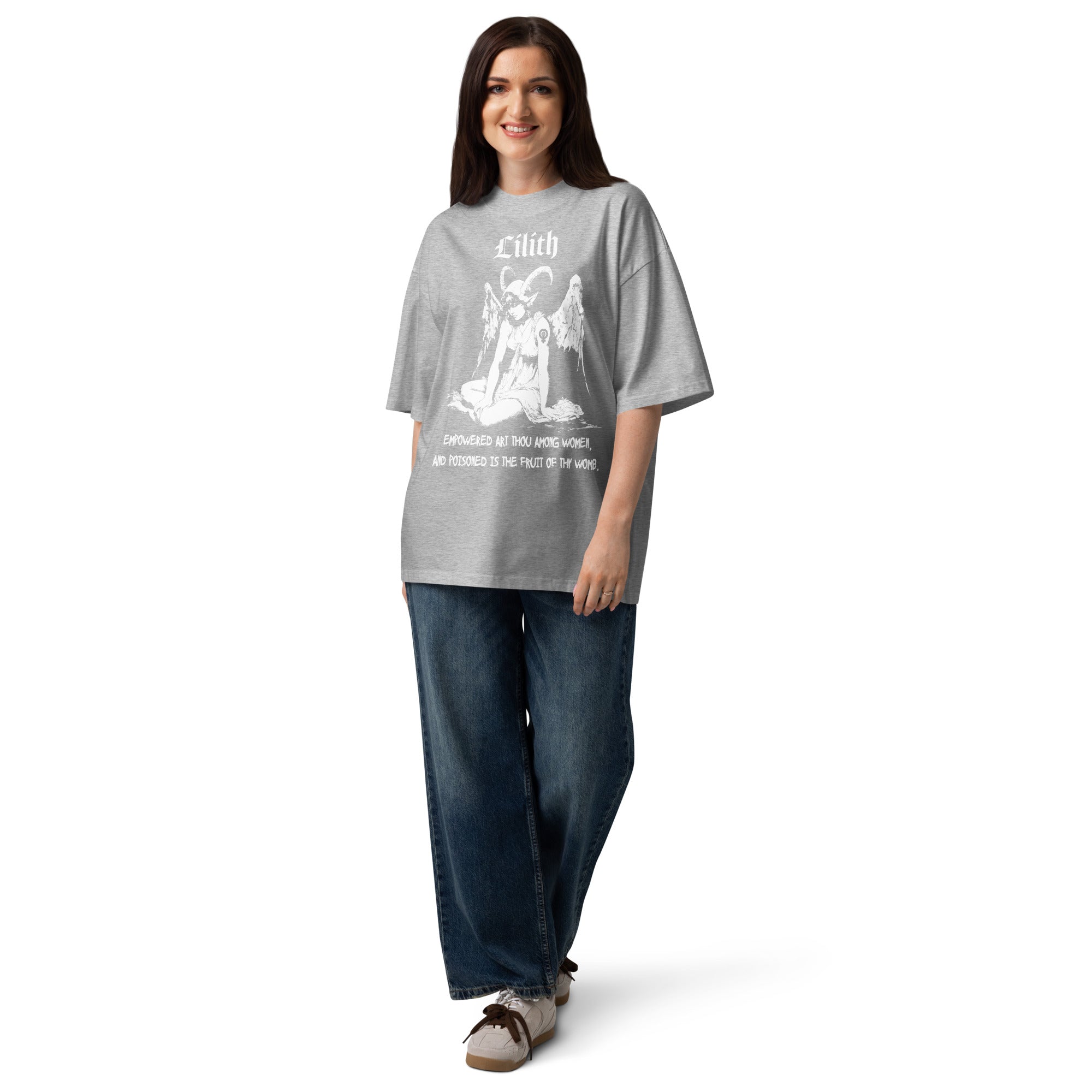 Oversized organic cotton t-shirt featuring a large black-and-white Lilith illustration with gothic text.