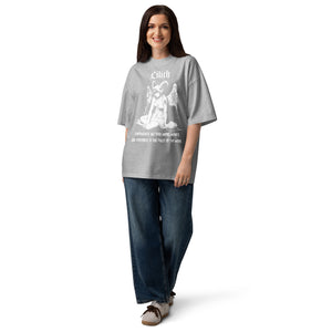 Oversized organic cotton t-shirt featuring a large black-and-white Lilith illustration with gothic text.