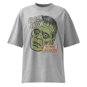 Distressed Frankenstein head with “Spook Show” on a premium organic oversized heather grey t-shirt.