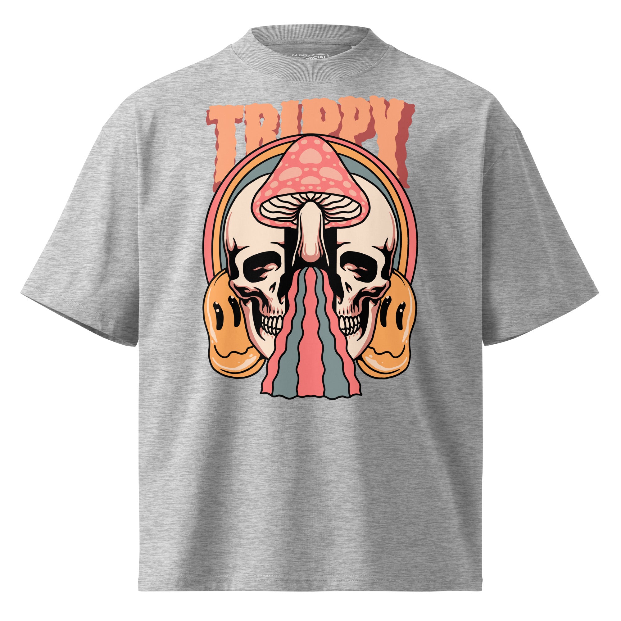 Oversized organic cotton t-shirt showing a split skull pierced by a pink mushroom, with melting psychedelic shapes and small smiley faces.