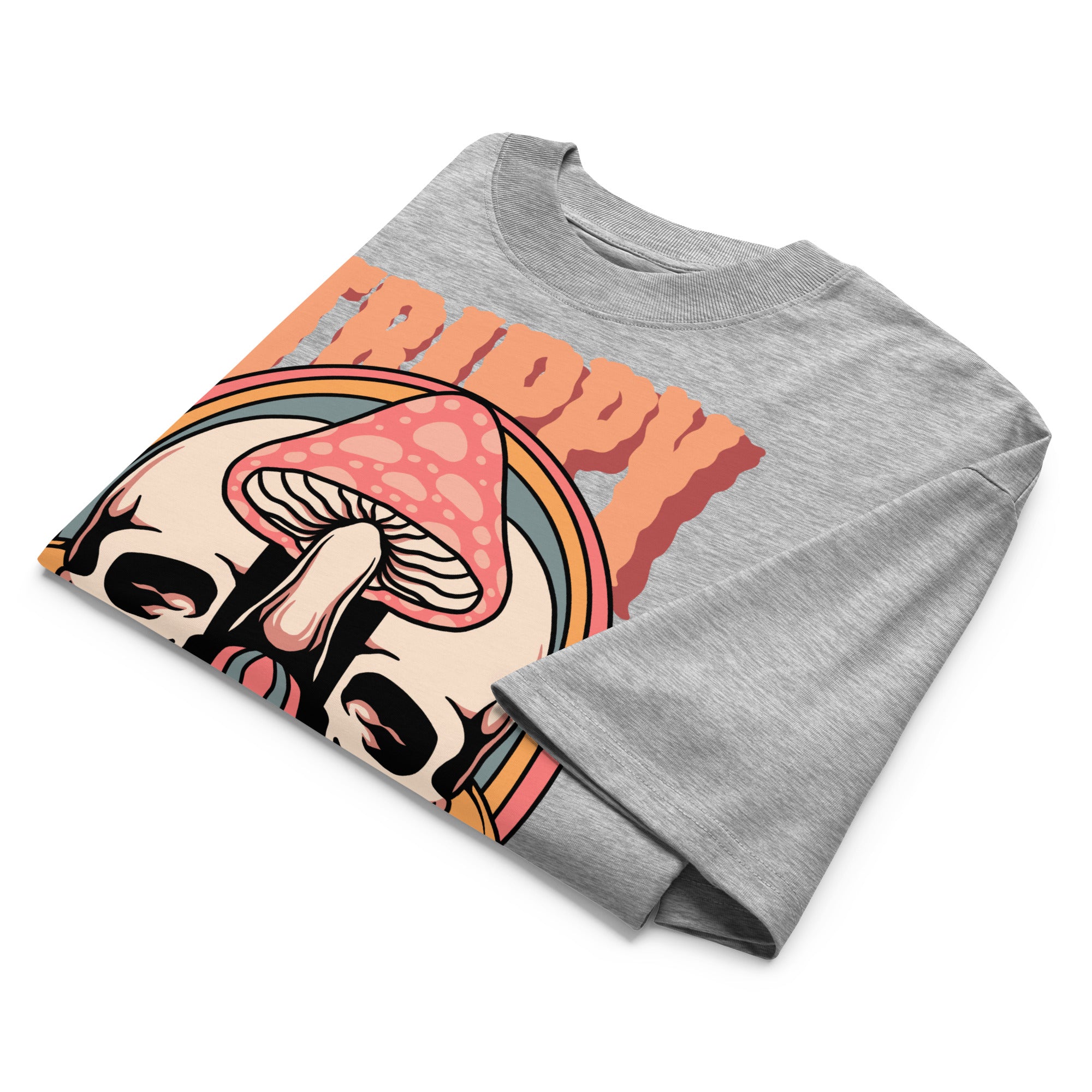 Oversized organic cotton t-shirt showing a split skull pierced by a pink mushroom, with melting psychedelic shapes and small smiley faces.